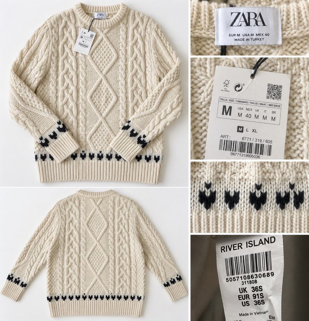 Zara Cable Knit Sweater Women’s Size M Cream Black Chunky Crewneck NWT